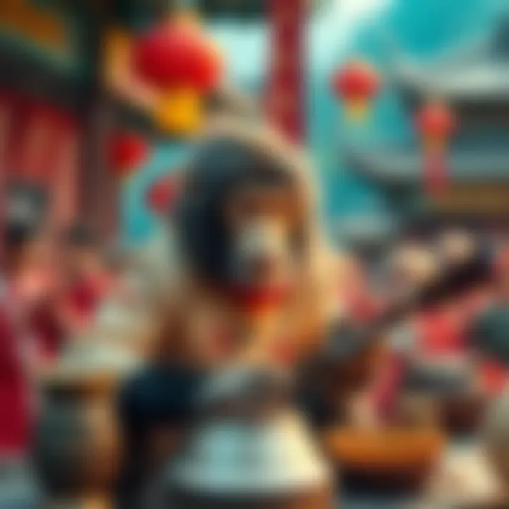 A vibrant scene showing Jahmonkey interacting with elements of North Korean culture, featuring traditional Korean instruments and colorful clothing.
