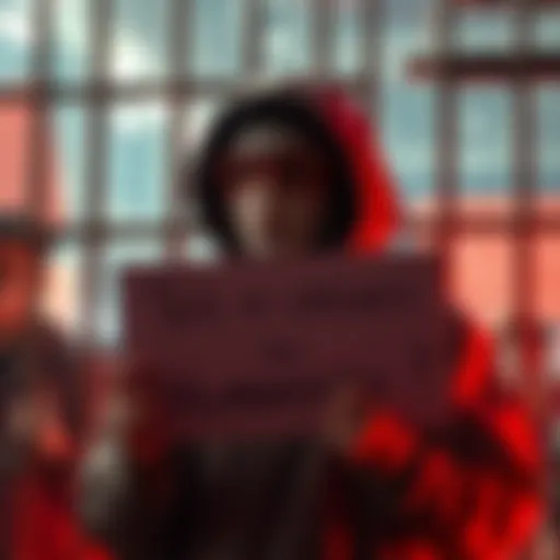 Jailed anti-AI protester A protester in jail calling for tech companies to focus on human values, holding a sign with a message about humanity in technology.