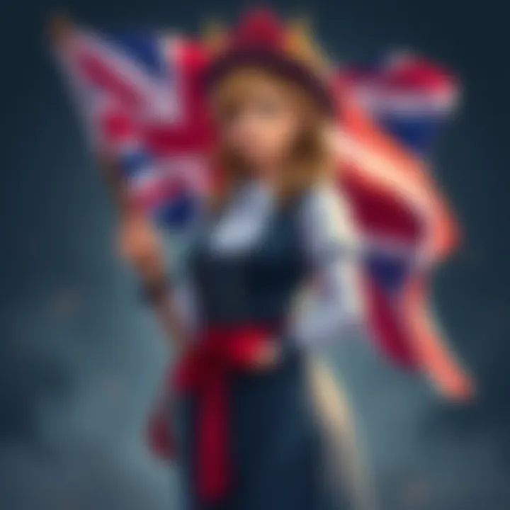 Illustration of Jane Bull, a female figure representing the UK, wearing traditional British attire and holding a union jack flag.