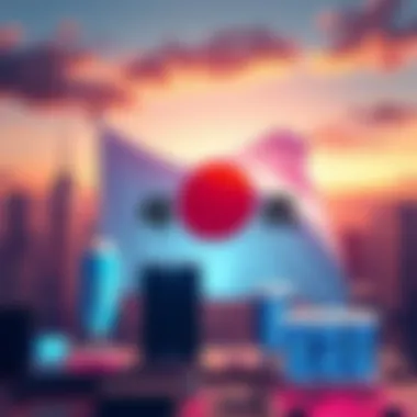 Illustration of Japan's flag alongside technology symbols, representing the ambitious operating system project challenged by U.S. government actions.