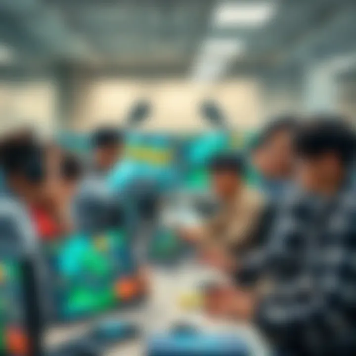 A group of diverse video game developers collaborating with generative AI technology in a modern office setting, showcasing screens and devices with digital game designs.