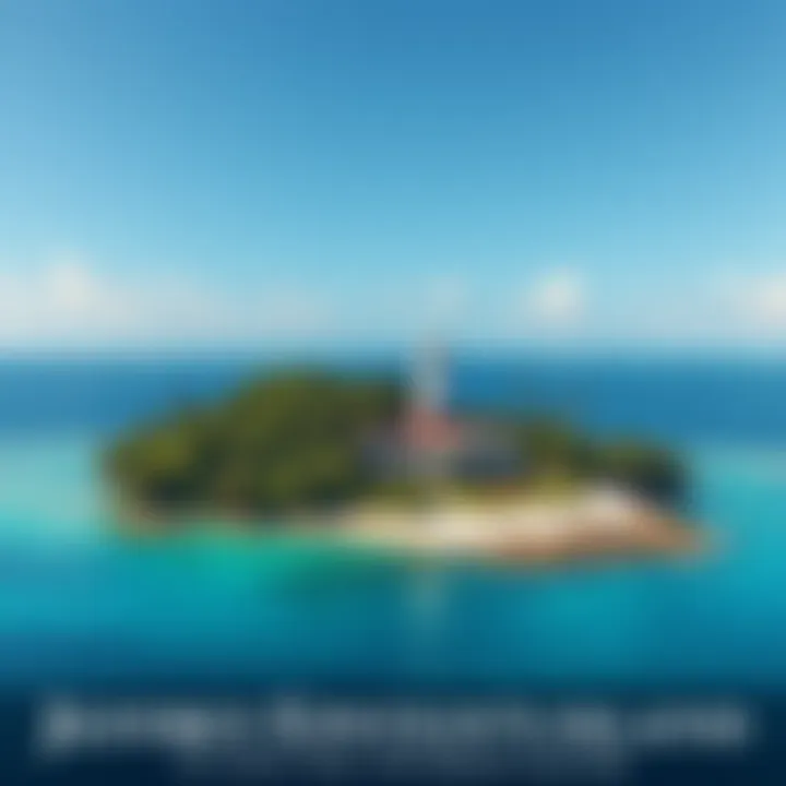 A view of a private island surrounded by clear blue water and green trees, symbolizing the location tied to Jeffrey Epstein.