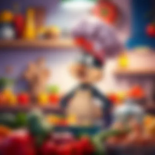 A cheerful character named Jerry stands in a vibrant kitchen surrounded by colorful ingredients, ready to cook with friends.