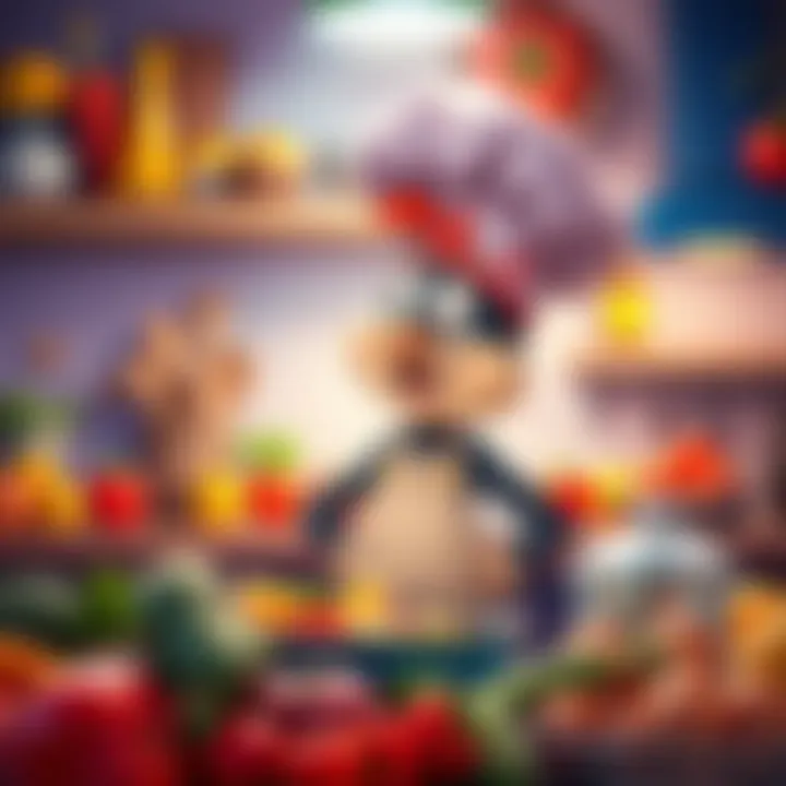 A cheerful character named Jerry stands in a vibrant kitchen surrounded by colorful ingredients, ready to cook with friends.