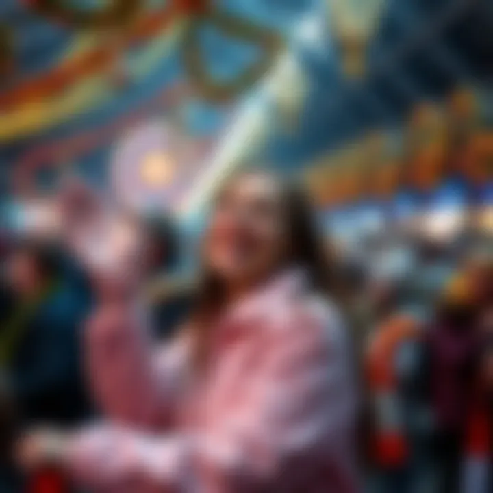 Jessica Lily smiling and cheering at the annual turkey races during Thanksgiving, surrounded by festive decorations and a lively crowd.