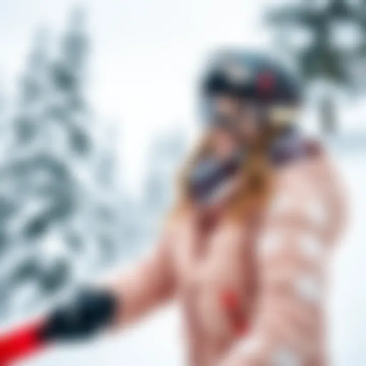 Jessica on the ski slopes, bundled up in winter gear, smiling despite the cold weather, surrounded by snow-covered trees