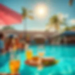 A vibrant poolside scene with people enjoying drinks and food under the sun at Jessica's Sunday gathering