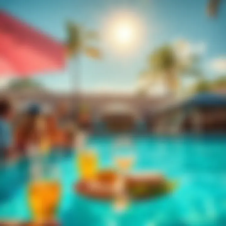 A vibrant poolside scene with people enjoying drinks and food under the sun at Jessica's Sunday gathering