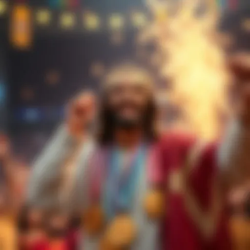 Jesus Christ adorned with multiple medals, smiling as he holds them up, surrounded by a festive crowd celebrating his achievement