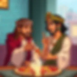 Jesus and Muhammad playfully debating pizza toppings together in a colorful, cartoonish style.