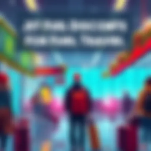 A festive airport scene with travelers looking at flight boards and checking for jet fuel discounts for holiday flights