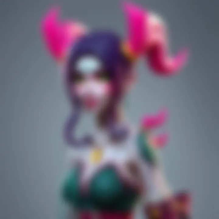 A sketch-like 3D model of Jinx, a character from Arcane, created by Michelle Arreola, showcasing her vibrant colors and unique design.