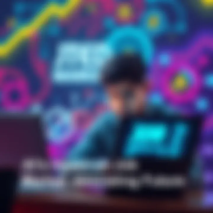 A person looking worried while examining job listings on a laptop with AI graphics in the background