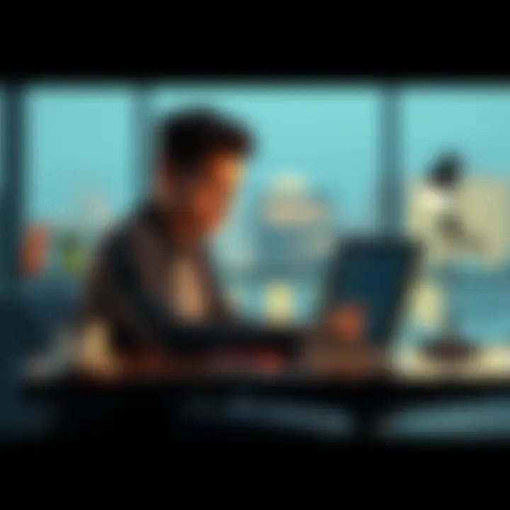 A frustrated person sitting at a desk, scrolling through job listings on a laptop with a coffee cup beside them