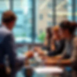 A group of job candidates sitting at a table, looking at work assignments prior to interviews.