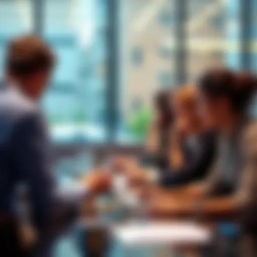 A group of job candidates sitting at a table, looking at work assignments prior to interviews.
