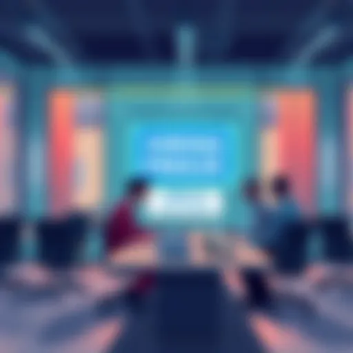 Illustration showing a corporate office with a 'Hiring Freeze' sign and employees discussing layoffs due to AI changes.