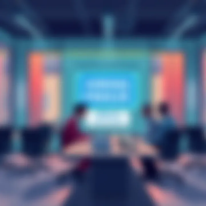 Illustration showing a corporate office with a 'Hiring Freeze' sign and employees discussing layoffs due to AI changes.