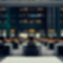 A visual representation of job cuts in banks with an office building backdrop and empty desks.