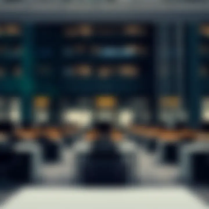 A visual representation of job cuts in banks with an office building backdrop and empty desks.