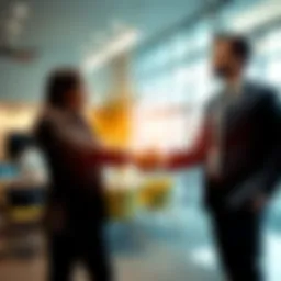 A person dressed professionally shaking hands with a recruiter at an office setting, symbolizing job opportunity access.