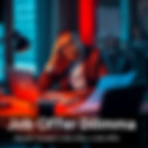 A professional sitting at a desk, pondering over two job offers with a laptop, papers, and a coffee cup around them.