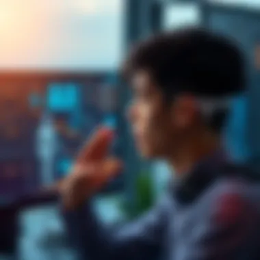 Concerns about job loss due to AI A worried young professional looks at a computer screen displaying AI technology, symbolizing job security fears in various careers.