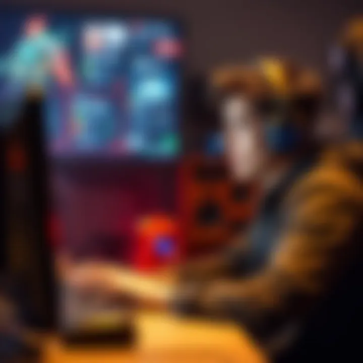 A person sitting at a computer, looking thoughtfully at job listings related to game development, with game design elements in the background