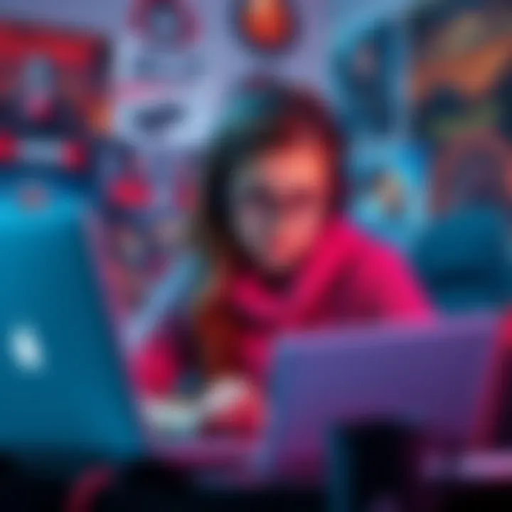 A young woman with a laptop looks stressed while searching for gaming jobs online, surrounded by gaming posters and design sketches.