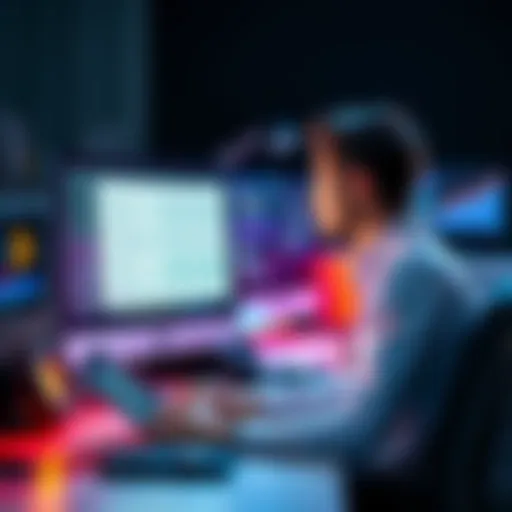 A person sitting at a desk, looking at a computer screen with job listings, contemplating a decision between salary and job stability in the tech industry