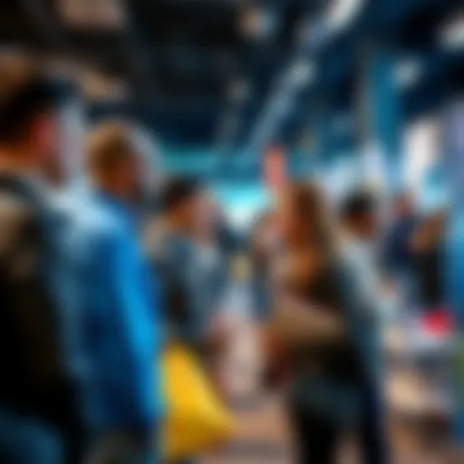 A group of job seekers looking at booths at a career fair, discussing opportunities with recruiters, conveying concern about potential unemployment.