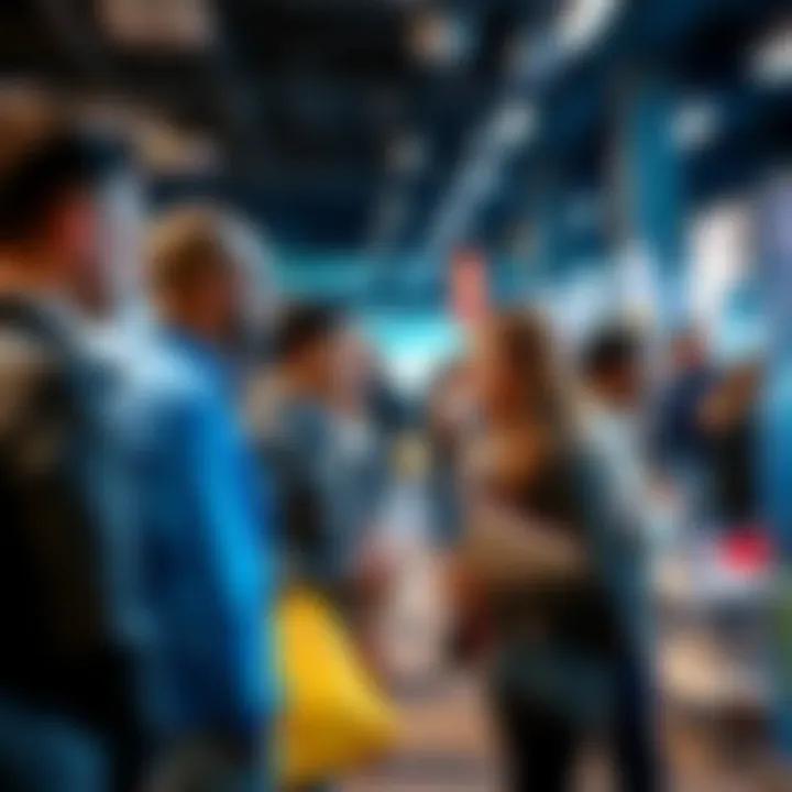 A group of job seekers looking at booths at a career fair, discussing opportunities with recruiters, conveying concern about potential unemployment.