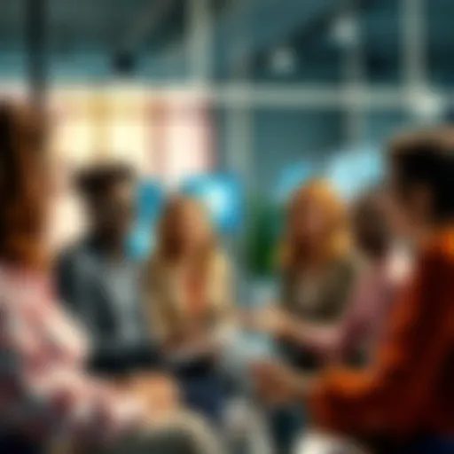 A group of diverse professionals discussing future job trends in a modern office setting, focusing on resilience against automation.