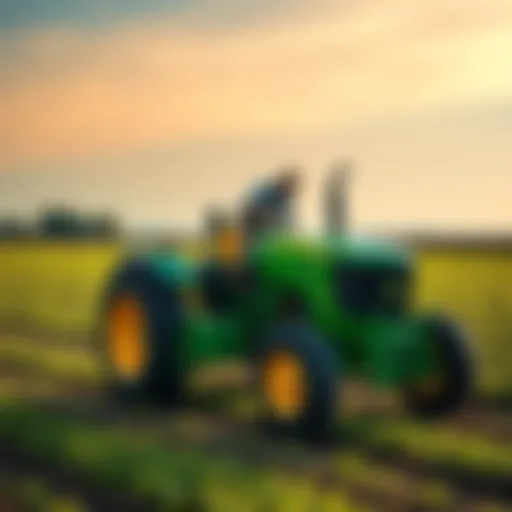 A farmer working on a John Deere tractor in a rural field to repair it.