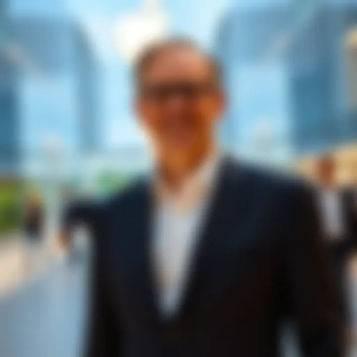 John Ternus stands confidently at the Apple Headquarters, smiling while wearing a suit, representing his new leadership role as CEO.