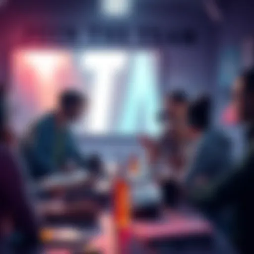 Group of people collaborating on game art and sound design for an indie game