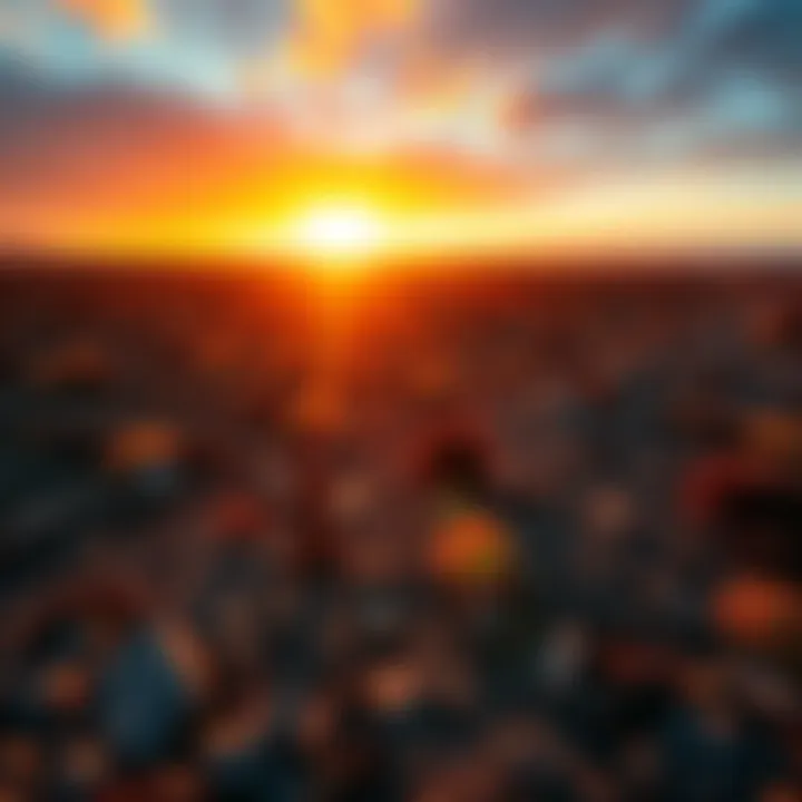 A sunrise over a barren landscape, symbolizing new beginnings rising from ashes.