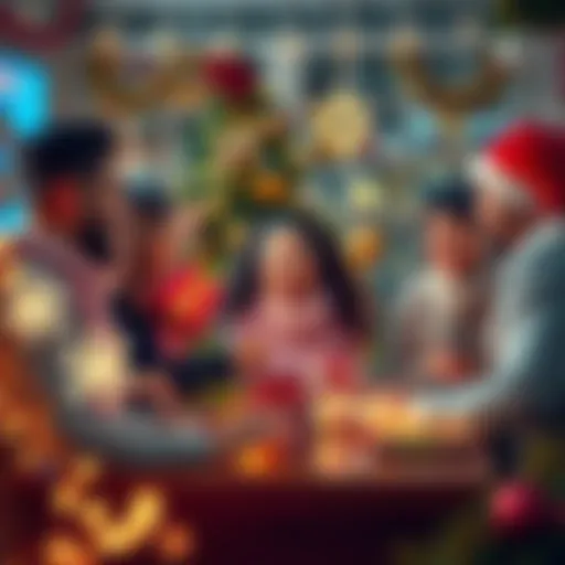 A cheerful group of friends and family celebrating together during the holiday season, surrounded by festive decorations and snowflakes. They are sharing laughter and exchanging gifts.