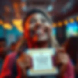 A person smiling widely while holding a consolation prize, radiating joy and surprise.