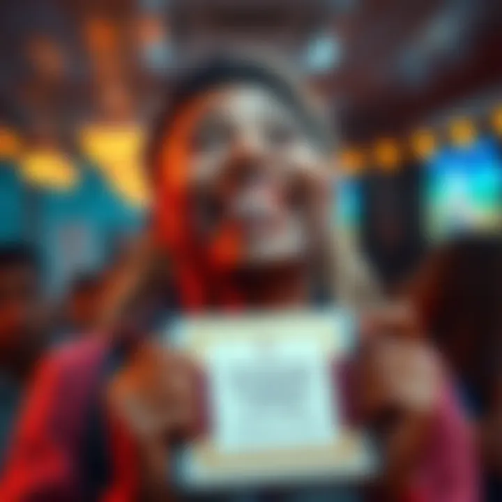 A person smiling widely while holding a consolation prize, radiating joy and surprise.