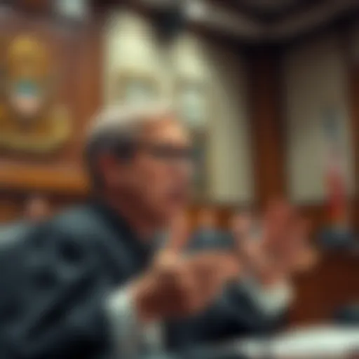 A concerned judge in a courtroom discussing the Federal Trade Commission's investigation into Media Matters, warning about threats to information freedom for Americans.