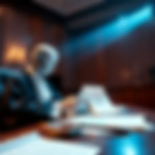 A judge at a bench with legal documents and a gavel, overseeing a case involving OpenAI and ChatGPT chats