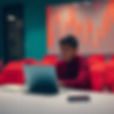 A junior analyst sitting at a desk, looking frustrated while analyzing data on a laptop, with empty chairs around indicating lack of mentorship.