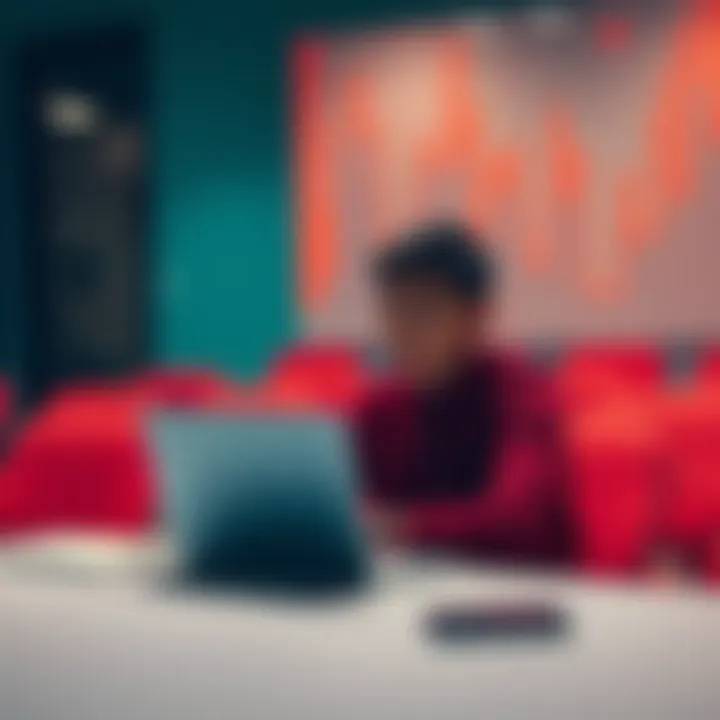 A junior analyst sitting at a desk, looking frustrated while analyzing data on a laptop, with empty chairs around indicating lack of mentorship.
