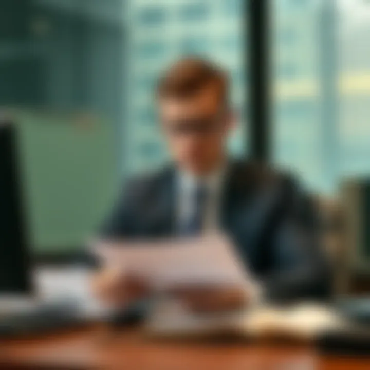 A junior patent attorney looks concerned while reviewing documents at their office desk, reflecting on career challenges in big law.