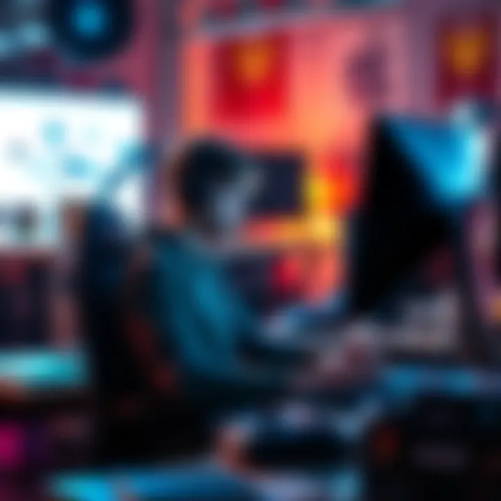 A junior compositor sitting at a desk with a computer, looking stressed while reviewing feedback from a supervisor, in a busy VFX studio setting
