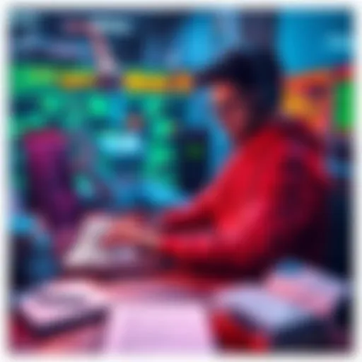 A junior developer engaged in coding with AI tools on a laptop, surrounded by coding books and a notepad for notes.
