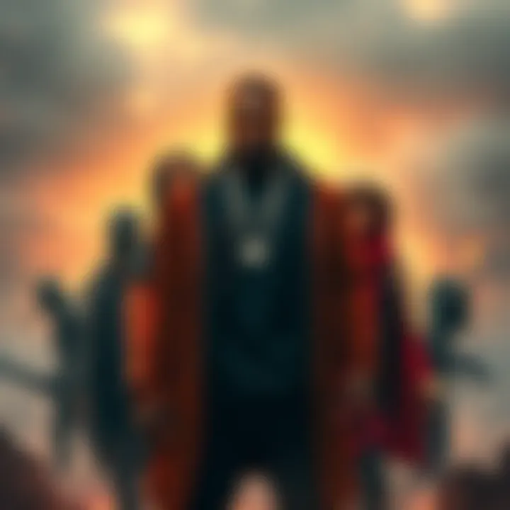 Kanye West with Apocalyptic Counterparts Kanye West surrounded by his three counterparts representing different directions, each showcasing a unique style reflective of their character in an apocalyptic setting.