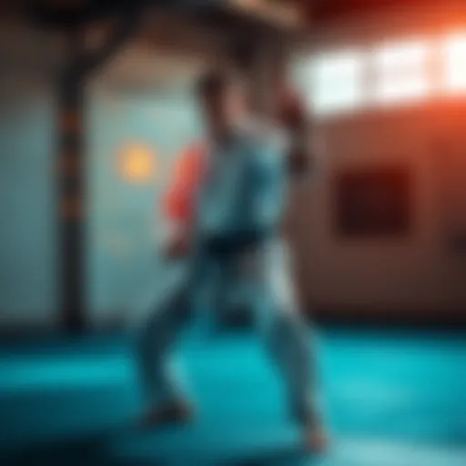 A person in a karate gi practicing moves with a digital brain interface showing skill downloads