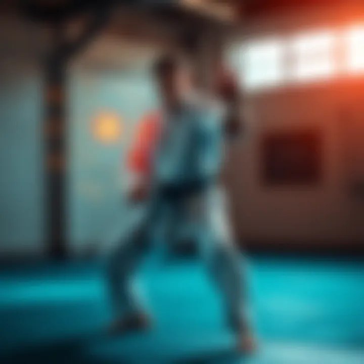 A person in a karate gi practicing moves with a digital brain interface showing skill downloads